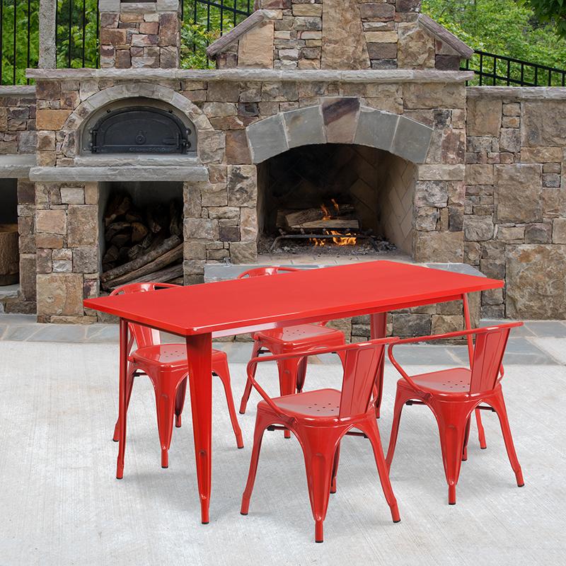 Flash Furniture 31.5” x 63” Rectangular Red Metal Indoor-Outdoor Table Set with 4 Arm Chairs – ET-CT005-4-70-RED-GG Online Hot Sale