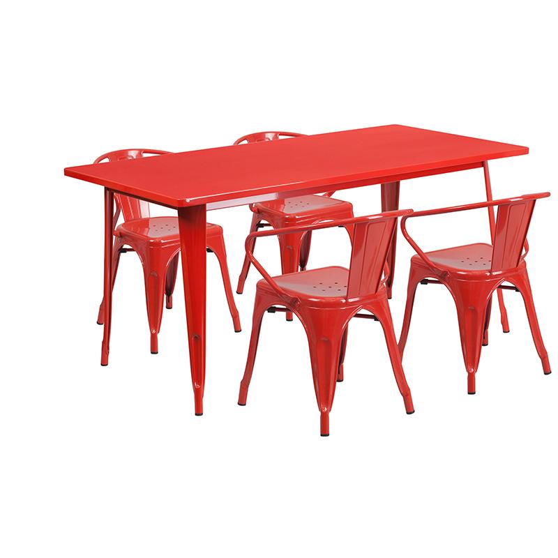 Flash Furniture 31.5” x 63” Rectangular Red Metal Indoor-Outdoor Table Set with 4 Arm Chairs – ET-CT005-4-70-RED-GG Online Hot Sale