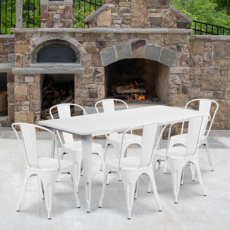 Flash Furniture 31.5” x 63” Rectangular White Metal Indoor-Outdoor Table Set with 6 Stack Chairs – ET-CT005-6-30-WH-GG on Sale