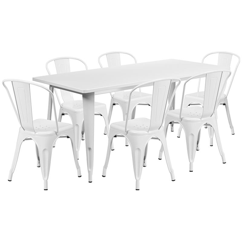 Flash Furniture 31.5” x 63” Rectangular White Metal Indoor-Outdoor Table Set with 6 Stack Chairs – ET-CT005-6-30-WH-GG on Sale