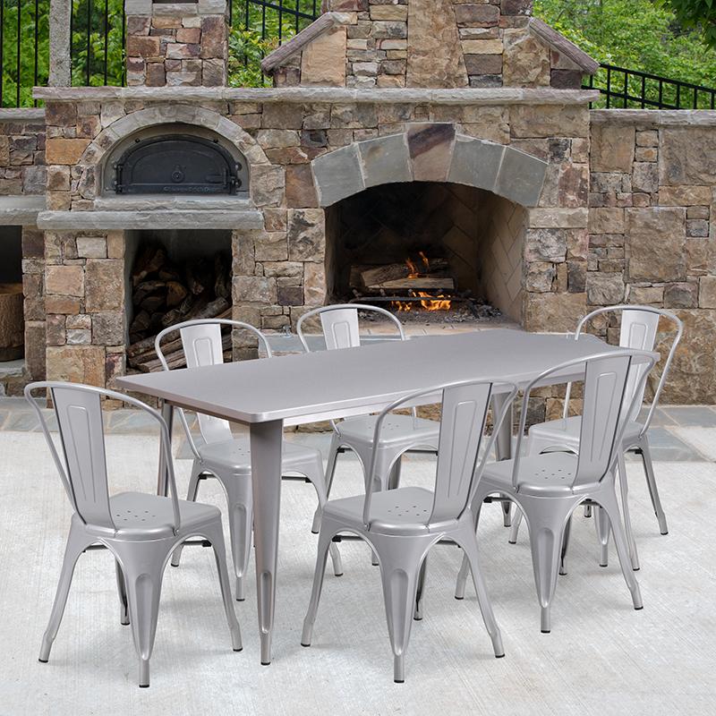 Flash Furniture 31.5” x 63” Rectangular Silver Metal Indoor-Outdoor Table Set with 6 Stack Chairs – ET-CT005-6-30-SIL-GG Online Sale