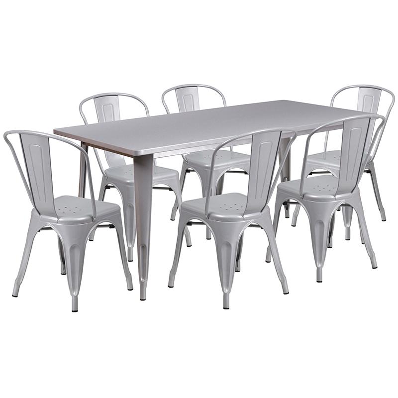 Flash Furniture 31.5” x 63” Rectangular Silver Metal Indoor-Outdoor Table Set with 6 Stack Chairs – ET-CT005-6-30-SIL-GG Online Sale