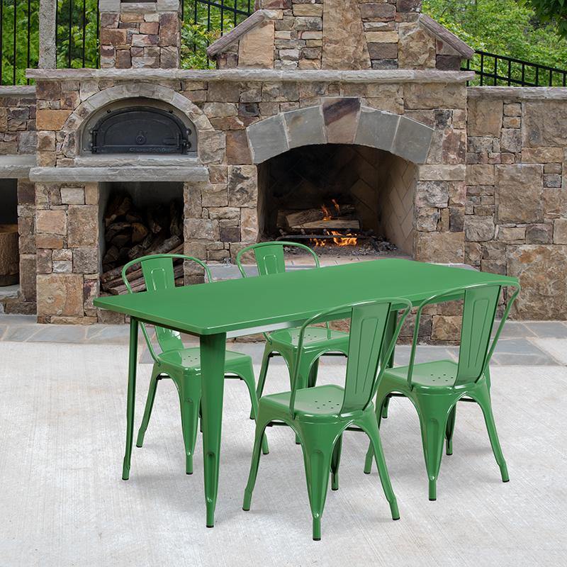Flash Furniture 31.5” x 63” Rectangular Green Metal Indoor-Outdoor Table Set with 4 Stack Chairs – ET-CT005-4-30-GN-GG Sale