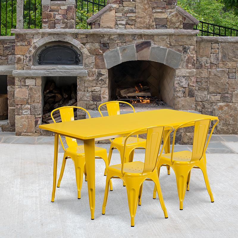 Flash Furniture 31.5” x 63” Rectangular Yellow Metal Indoor-Outdoor Table Set with 4 Stack Chairs – ET-CT005-4-30-YL-GG Discount