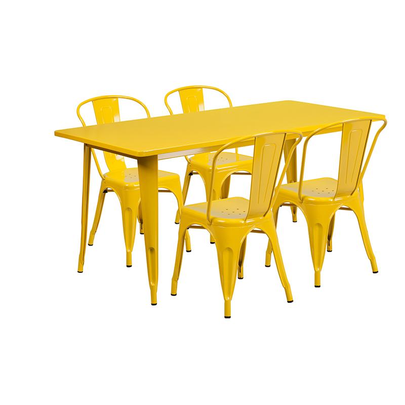 Flash Furniture 31.5” x 63” Rectangular Yellow Metal Indoor-Outdoor Table Set with 4 Stack Chairs – ET-CT005-4-30-YL-GG Discount
