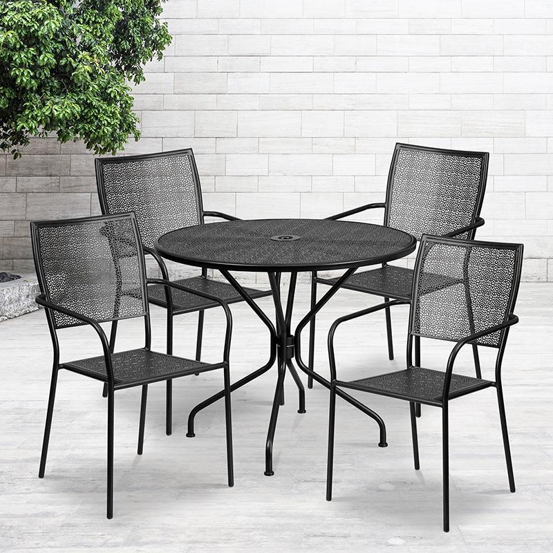 Flash Furniture 35.25” Round Black Indoor-Outdoor Steel Patio Table Set with 4 Square Back Chairs – CO-35RD-02CHR4-BK-GG Online Hot Sale