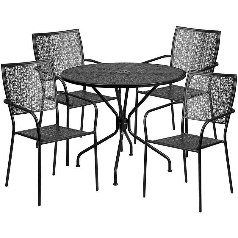 Flash Furniture 35.25” Round Black Indoor-Outdoor Steel Patio Table Set with 4 Square Back Chairs – CO-35RD-02CHR4-BK-GG Online Hot Sale