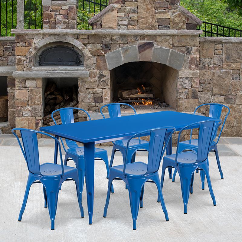 Flash Furniture 31.5” x 63” Rectangular Blue Metal Indoor-Outdoor Table Set with 6 Stack Chairs – ET-CT005-6-30-BL-GG Hot on Sale