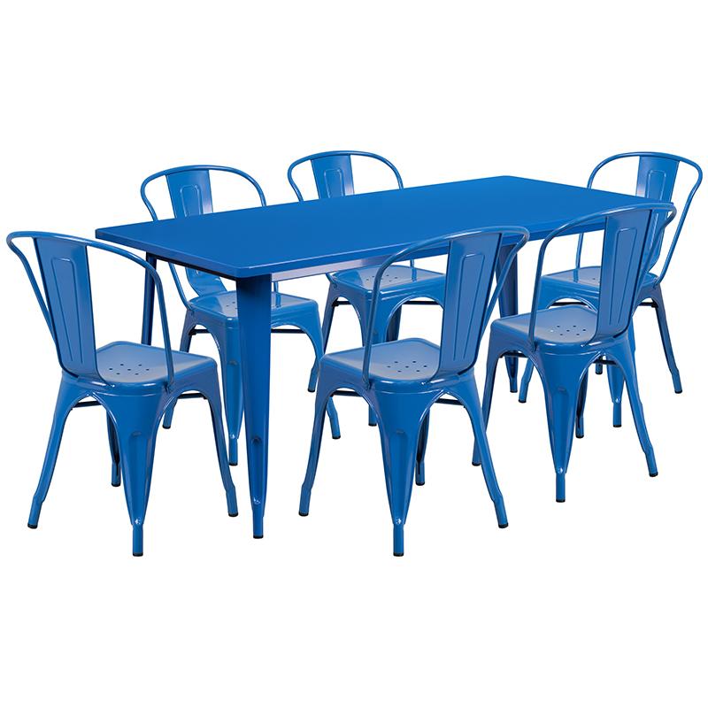 Flash Furniture 31.5” x 63” Rectangular Blue Metal Indoor-Outdoor Table Set with 6 Stack Chairs – ET-CT005-6-30-BL-GG Hot on Sale
