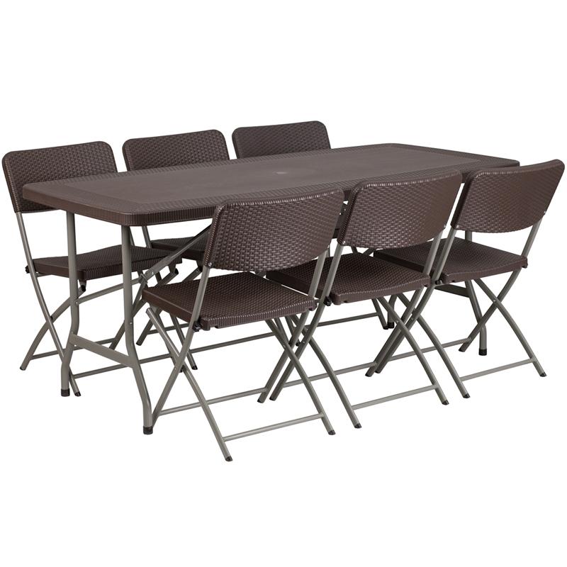 Flash Furniture 32.5”W x 67.5”L Brown Rattan Plastic Folding Table Set with 6 Chairs – DAD-YCZ-172-61-GG Supply
