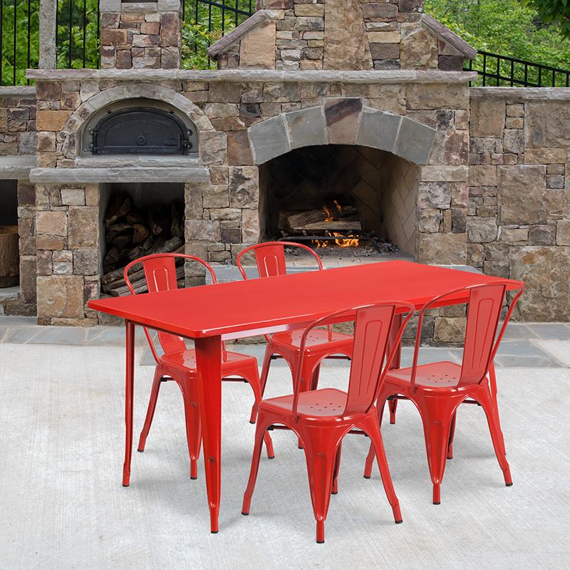 Flash Furniture 31.5” x 63” Rectangular Red Metal Indoor-Outdoor Table Set with 4 Stack Chairs – ET-CT005-4-30-RED-GG Online now