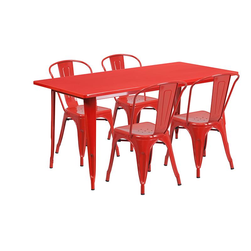 Flash Furniture 31.5” x 63” Rectangular Red Metal Indoor-Outdoor Table Set with 4 Stack Chairs – ET-CT005-4-30-RED-GG Online now