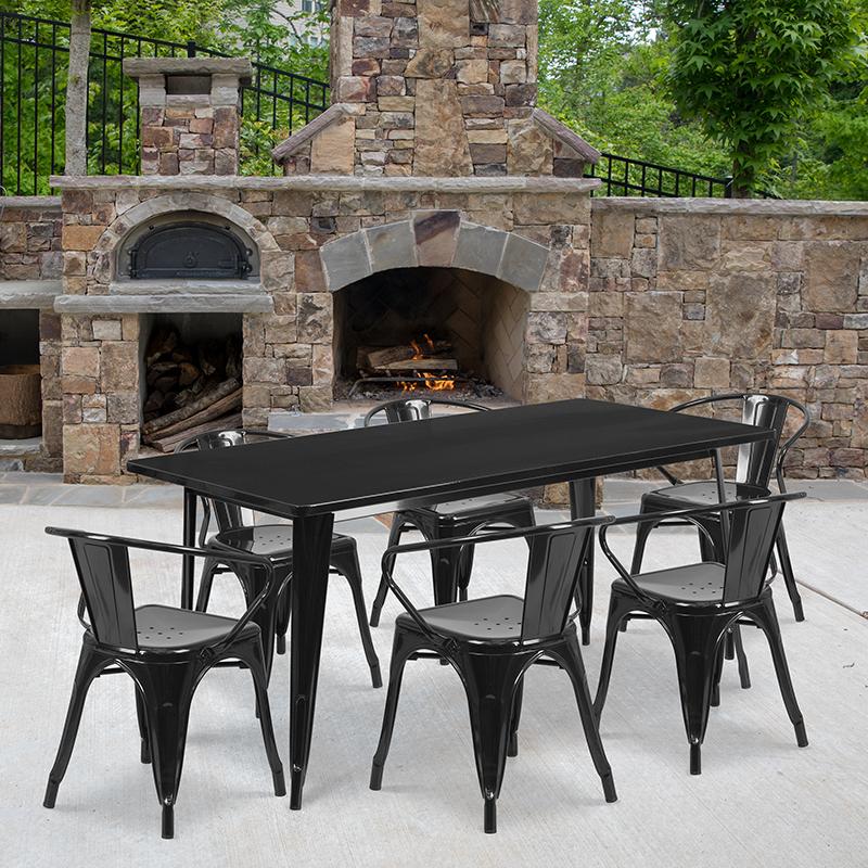 Flash Furniture 31.5” x 63” Rectangular Black Metal Indoor-Outdoor Table Set with 6 Arm Chairs – ET-CT005-6-70-BK-GG Online Sale