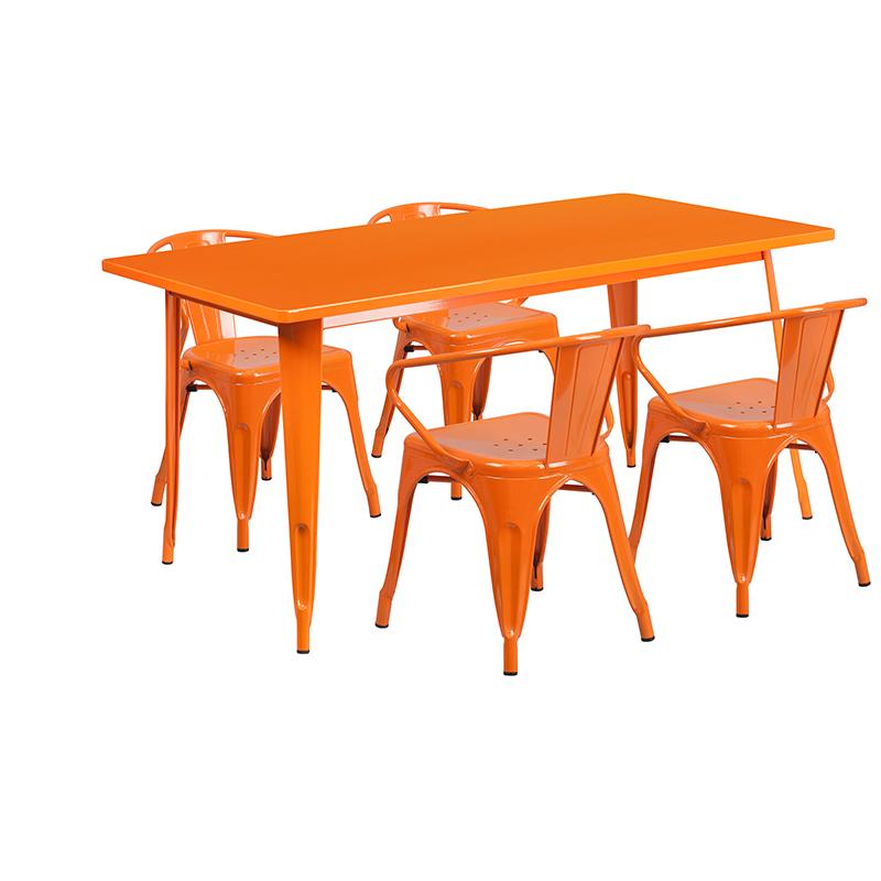Flash Furniture 31.5” x 63” Rectangular Orange Metal Indoor-Outdoor Table Set with 4 Arm Chairs – ET-CT005-4-70-OR-GG on Sale
