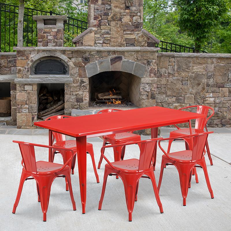 Flash Furniture 31.5” x 63” Rectangular Red Metal Indoor-Outdoor Table Set with 6 Arm Chairs – ET-CT005-6-70-RED-GG Fashion
