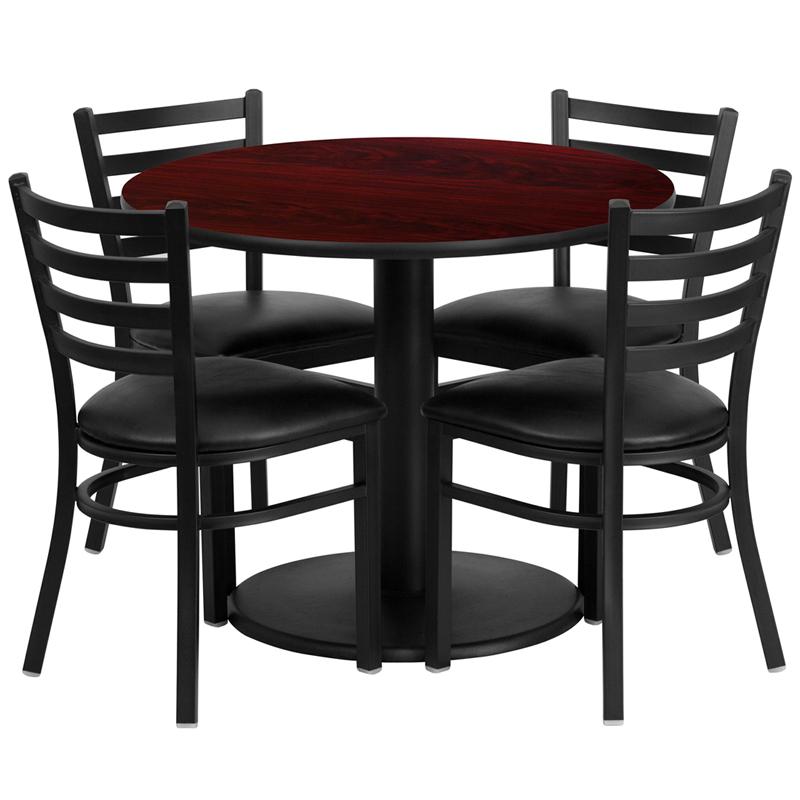 Flash Furniture 36” Round Mahogany Laminate Table Set with Round Base and 4 Ladder Back Metal Chairs – Black Vinyl Seat – RSRB1030-GG Online now