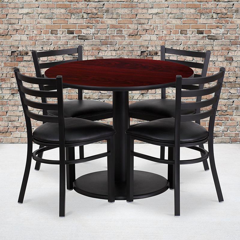 Flash Furniture 36” Round Mahogany Laminate Table Set with Round Base and 4 Ladder Back Metal Chairs – Black Vinyl Seat – RSRB1030-GG Online now
