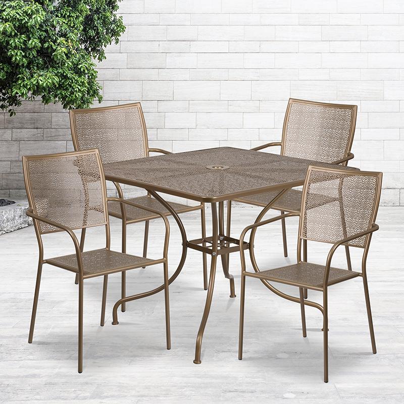 Flash Furniture 35.5” Square Gold Indoor-Outdoor Steel Patio Table Set with 4 Square Back Chairs – CO-35SQ-02CHR4-GD-GG Online Sale