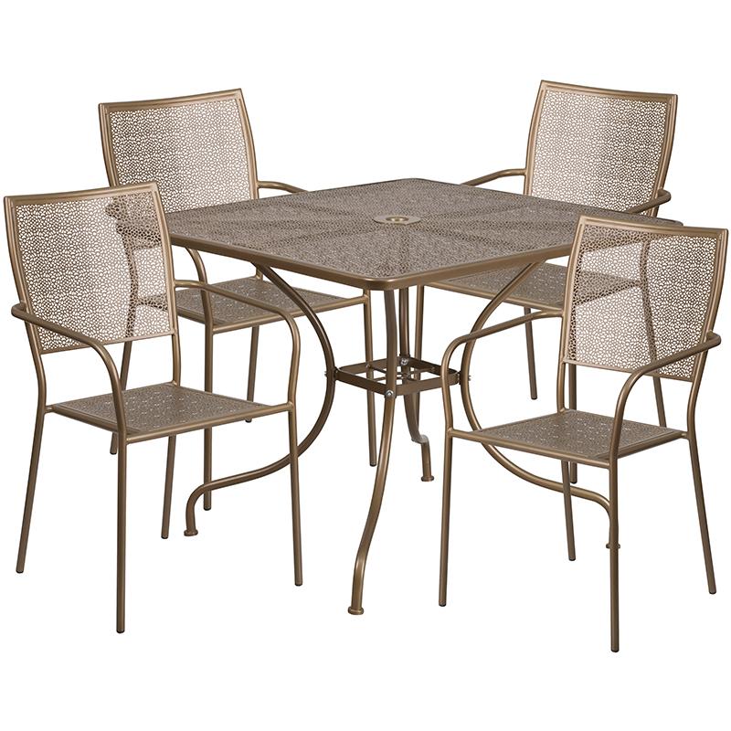 Flash Furniture 35.5” Square Gold Indoor-Outdoor Steel Patio Table Set with 4 Square Back Chairs – CO-35SQ-02CHR4-GD-GG Online Sale