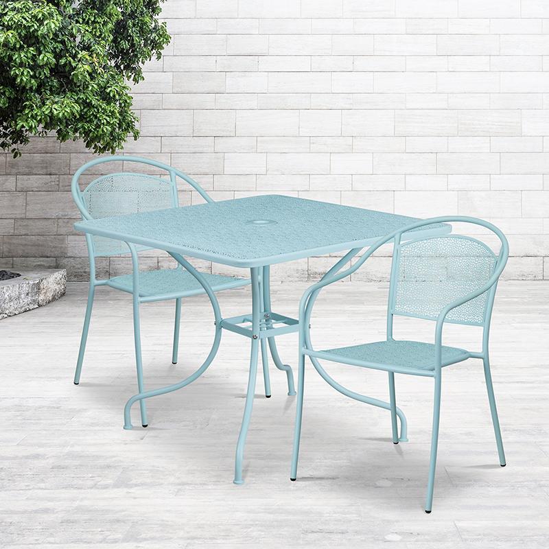 Flash Furniture 35.5” Square Sky Blue Indoor-Outdoor Steel Patio Table Set with 2 Round Back Chairs – CO-35SQ-03CHR2-SKY-GG Fashion