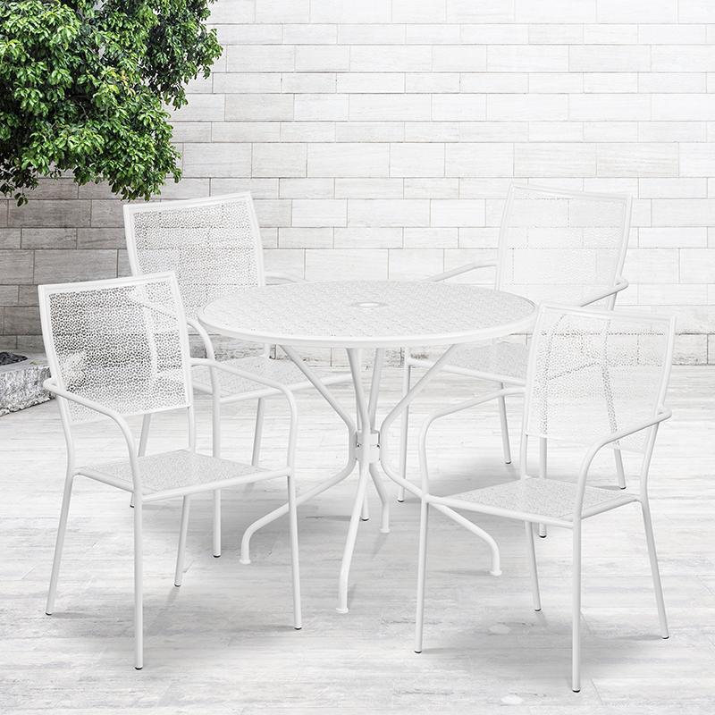 Flash Furniture 35.25” Round White Indoor-Outdoor Steel Patio Table Set with 4 Square Back Chairs – CO-35RD-02CHR4-WH-GG Supply