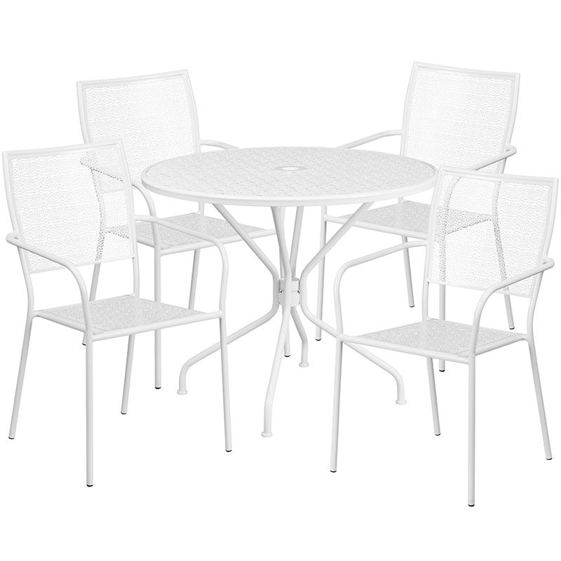 Flash Furniture 35.25” Round White Indoor-Outdoor Steel Patio Table Set with 4 Square Back Chairs – CO-35RD-02CHR4-WH-GG Supply