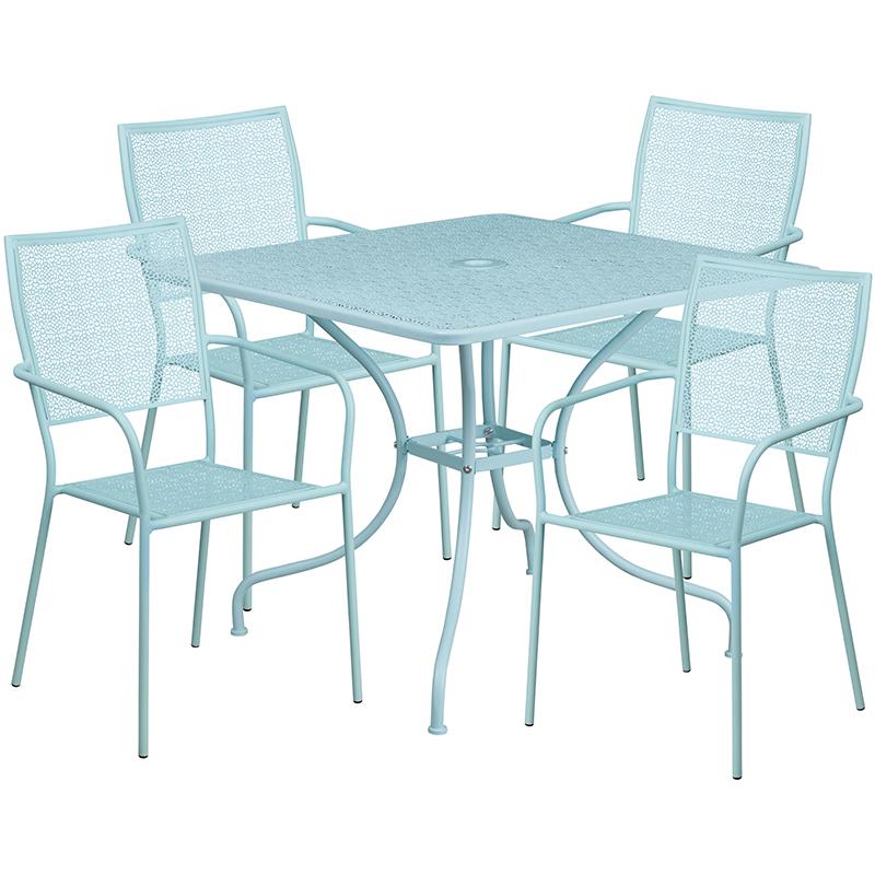 Flash Furniture 35.5” Square Sky Blue Indoor-Outdoor Steel Patio Table Set with 4 Square Back Chairs – CO-35SQ-02CHR4-SKY-GG Online now