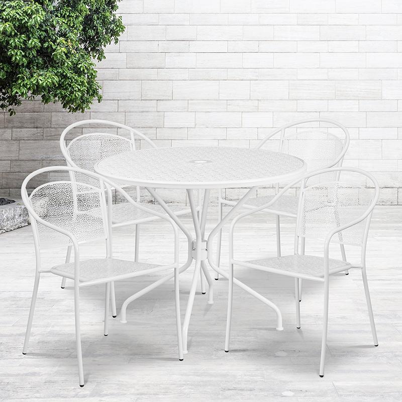 Flash Furniture 35.25” Round White Indoor-Outdoor Steel Patio Table Set with 4 Round Back Chairs – CO-35RD-03CHR4-WH-GG on Sale
