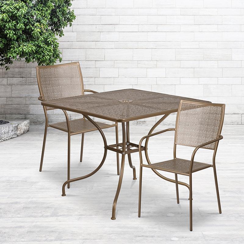 Flash Furniture 35.5” Square Gold Indoor-Outdoor Steel Patio Table Set with 2 Square Back Chairs – CO-35SQ-02CHR2-GD-GG on Sale