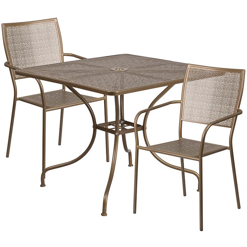 Flash Furniture 35.5” Square Gold Indoor-Outdoor Steel Patio Table Set with 2 Square Back Chairs – CO-35SQ-02CHR2-GD-GG on Sale