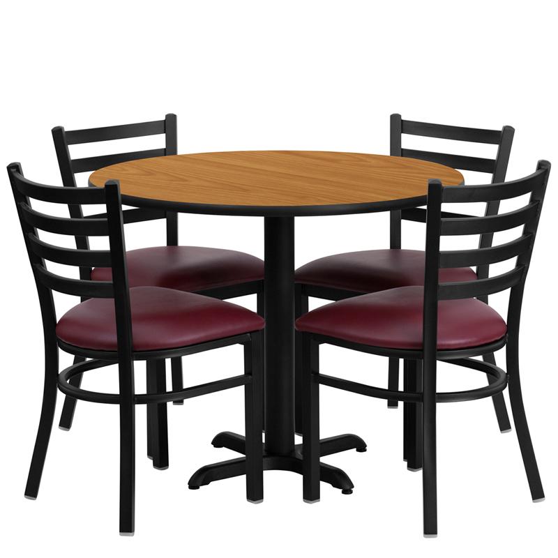 Flash Furniture 36” Round Natural Laminate Table Set with X-Base and 4 Ladder Back Metal Chairs – Burgundy Vinyl Seat – HDBF1007-GG Hot on Sale