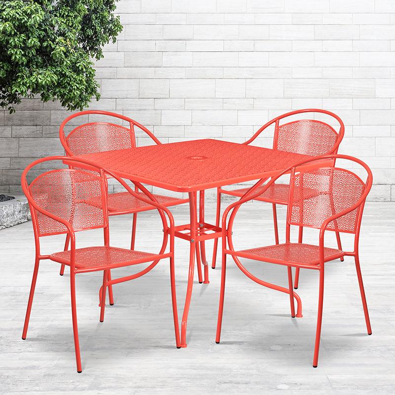 Flash Furniture 35.5” Square Coral Indoor-Outdoor Steel Patio Table Set with 4 Round Back Chairs – CO-35SQ-03CHR4-RED-GG Sale