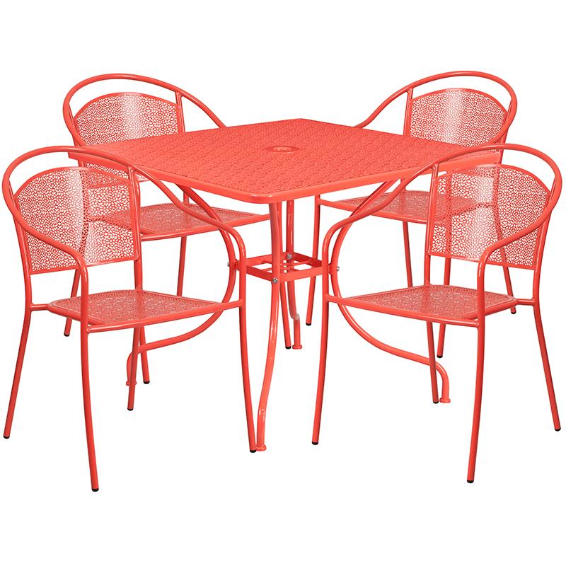 Flash Furniture 35.5” Square Coral Indoor-Outdoor Steel Patio Table Set with 4 Round Back Chairs – CO-35SQ-03CHR4-RED-GG Sale