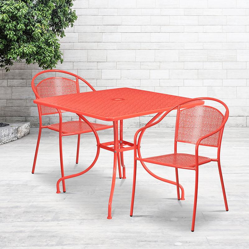 Flash Furniture 35.5” Square Coral Indoor-Outdoor Steel Patio Table Set with 2 Round Back Chairs – CO-35SQ-03CHR2-RED-GG on Sale