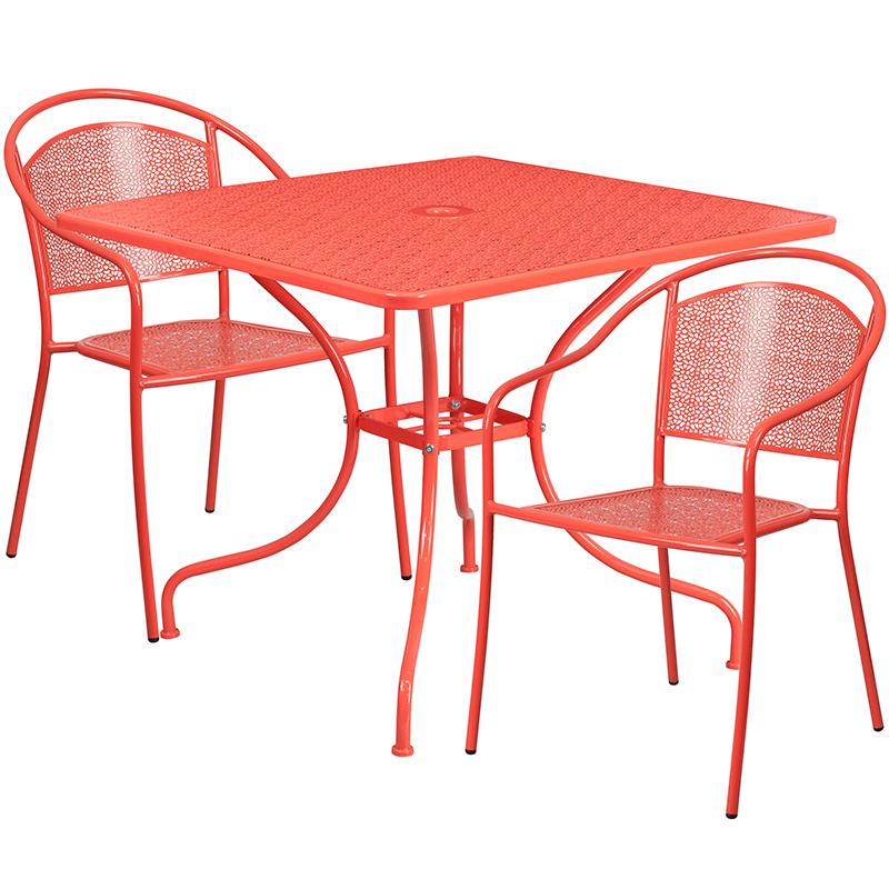 Flash Furniture 35.5” Square Coral Indoor-Outdoor Steel Patio Table Set with 2 Round Back Chairs – CO-35SQ-03CHR2-RED-GG on Sale