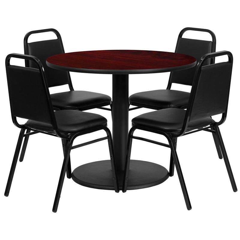 Flash Furniture 36” Round Mahogany Laminate Table Set with Round Base and 4 Black Trapezoidal Back Banquet Chairs – RSRB1002-GG Online Hot Sale