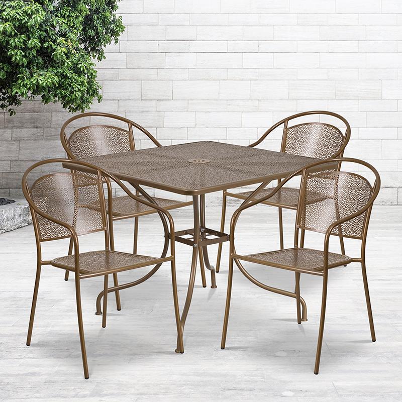 Flash Furniture 35.5” Square Gold Indoor-Outdoor Steel Patio Table Set with 4 Round Back Chairs – CO-35SQ-03CHR4-GD-GG Fashion