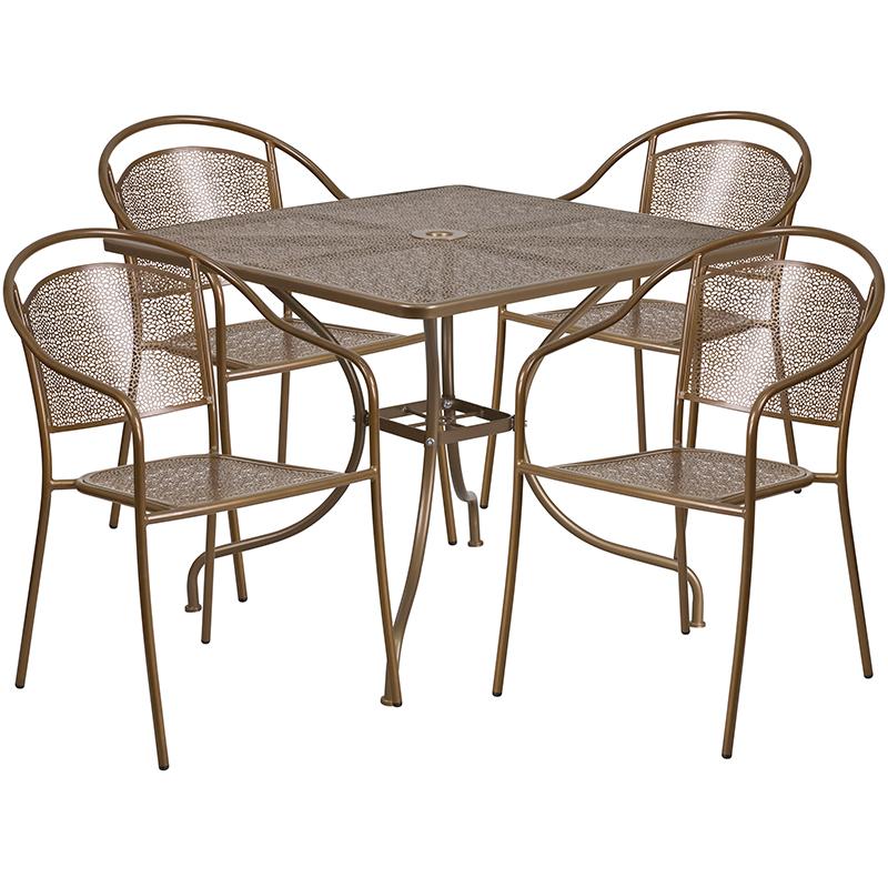 Flash Furniture 35.5” Square Gold Indoor-Outdoor Steel Patio Table Set with 4 Round Back Chairs – CO-35SQ-03CHR4-GD-GG Fashion