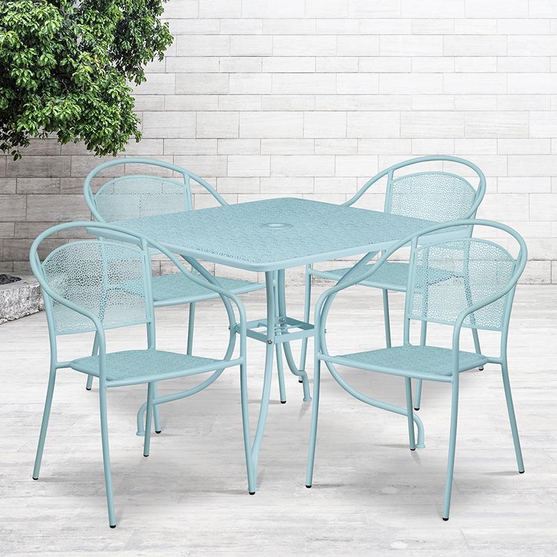 Flash Furniture 35.5” Square Sky Blue Indoor-Outdoor Steel Patio Table Set with 4 Round Back Chairs – CO-35SQ-03CHR4-SKY-GG Fashion