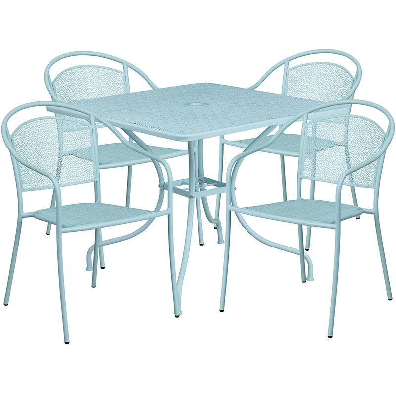 Flash Furniture 35.5” Square Sky Blue Indoor-Outdoor Steel Patio Table Set with 4 Round Back Chairs – CO-35SQ-03CHR4-SKY-GG Fashion