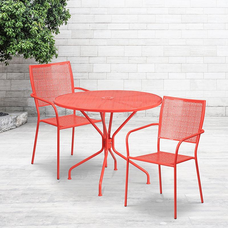 Flash Furniture 35.25” Round Coral Indoor-Outdoor Steel Patio Table Set with 2 Square Back Chairs – CO-35RD-02CHR2-RED-GG Online