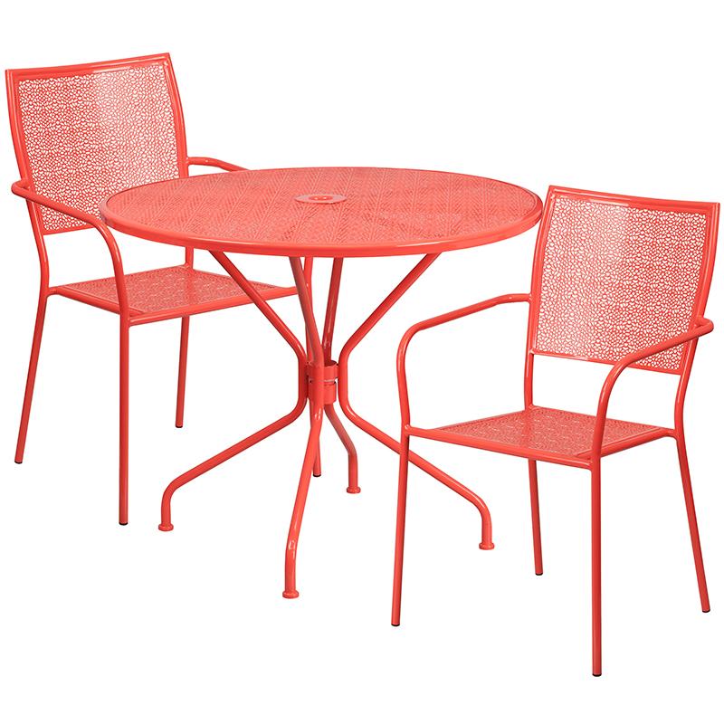 Flash Furniture 35.25” Round Coral Indoor-Outdoor Steel Patio Table Set with 2 Square Back Chairs – CO-35RD-02CHR2-RED-GG Online