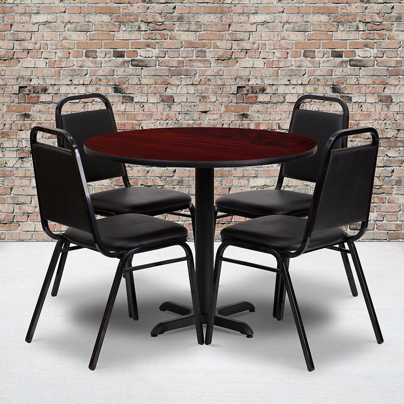 Flash Furniture 36” Round Mahogany Laminate Table Set with X-Base and 4 Black Trapezoidal Back Banquet Chairs – HDBF1002-GG Online now
