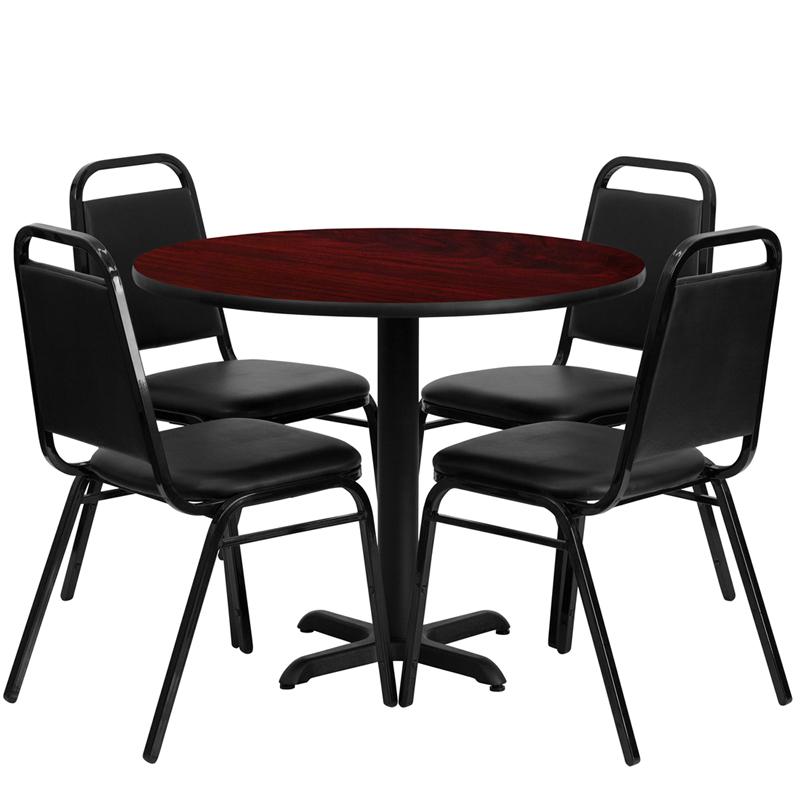 Flash Furniture 36” Round Mahogany Laminate Table Set with X-Base and 4 Black Trapezoidal Back Banquet Chairs – HDBF1002-GG Online now