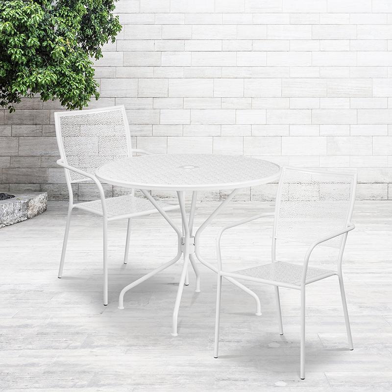 Flash Furniture 35.25” Round White Indoor-Outdoor Steel Patio Table Set with 2 Square Back Chairs – CO-35RD-02CHR2-WH-GG on Sale