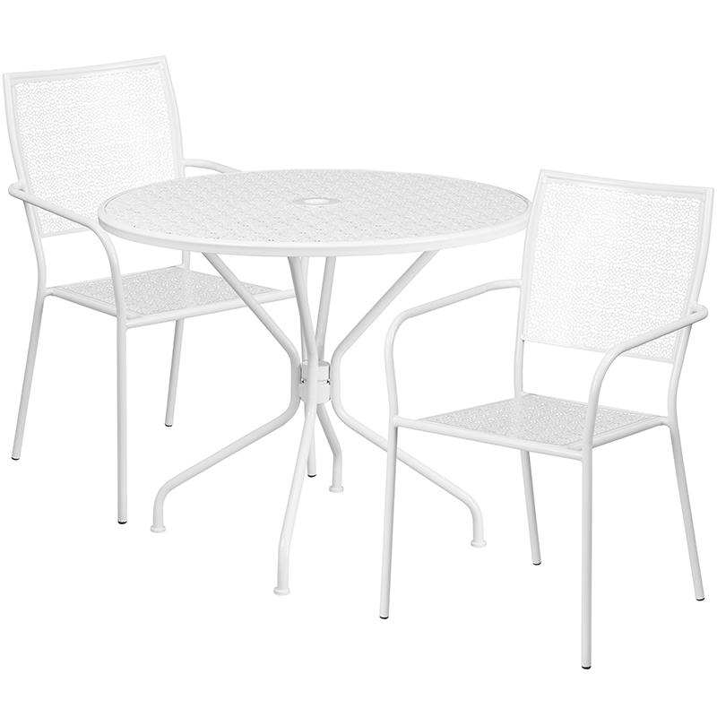 Flash Furniture 35.25” Round White Indoor-Outdoor Steel Patio Table Set with 2 Square Back Chairs – CO-35RD-02CHR2-WH-GG on Sale