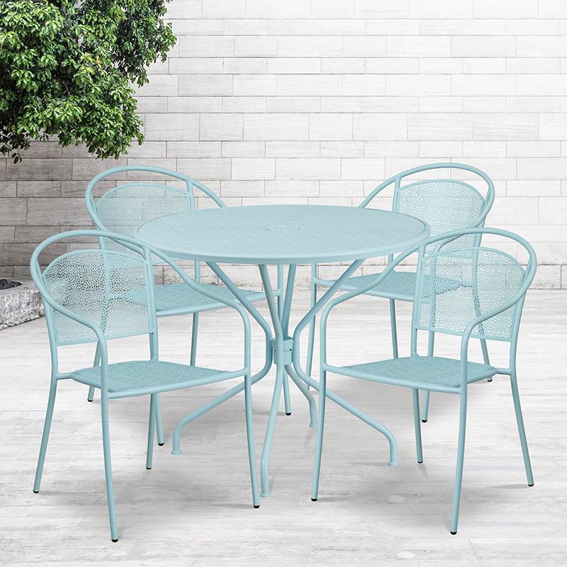 Flash Furniture 35.25” Round Sky Blue Indoor-Outdoor Steel Patio Table Set with 4 Round Back Chairs – CO-35RD-03CHR4-SKY-GG Online Hot Sale