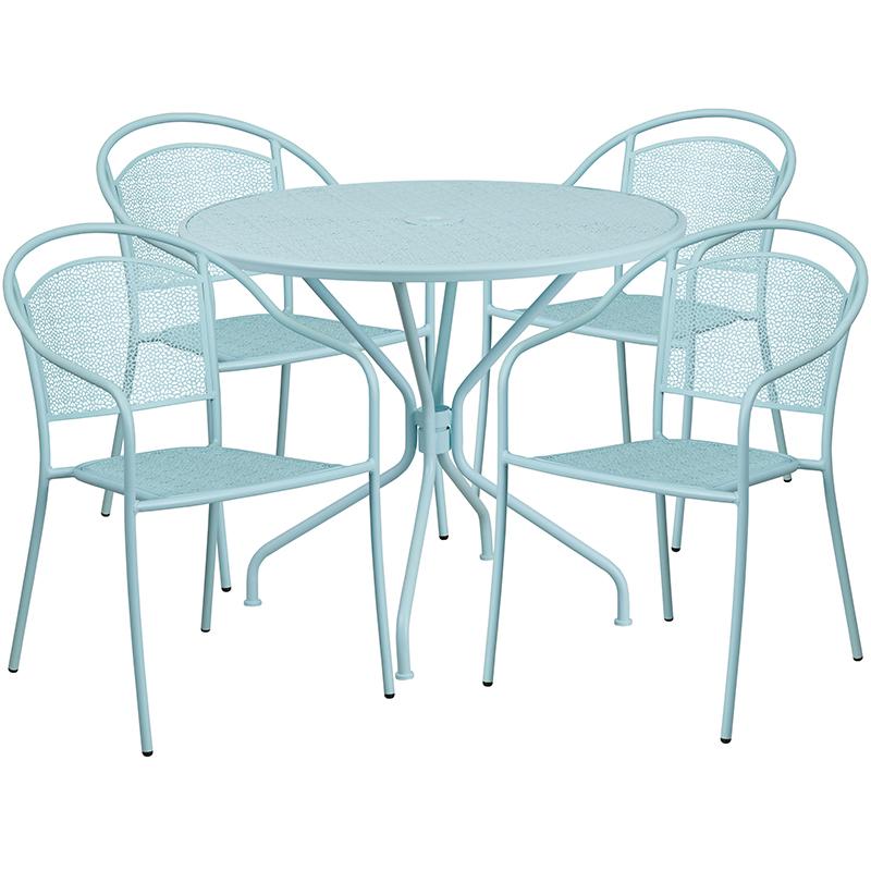 Flash Furniture 35.25” Round Sky Blue Indoor-Outdoor Steel Patio Table Set with 4 Round Back Chairs – CO-35RD-03CHR4-SKY-GG Online Hot Sale