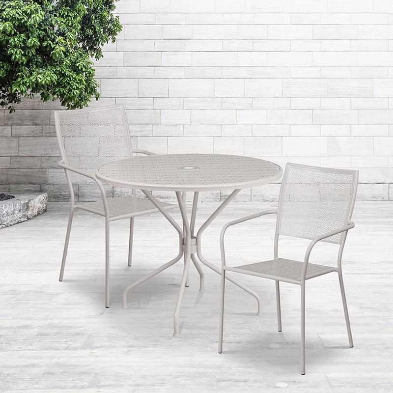 Flash Furniture 35.25” Round Light Gray Indoor-Outdoor Steel Patio Table Set with 2 Square Back Chairs – CO-35RD-02CHR2-SIL-GG Supply