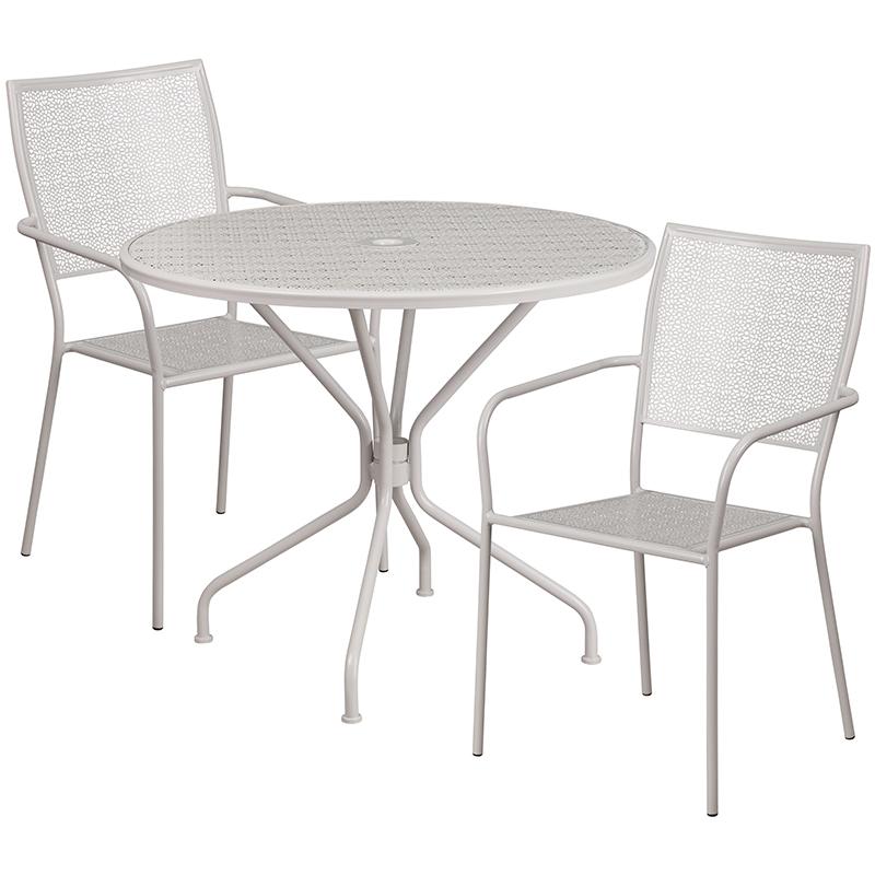 Flash Furniture 35.25” Round Light Gray Indoor-Outdoor Steel Patio Table Set with 2 Square Back Chairs – CO-35RD-02CHR2-SIL-GG Supply